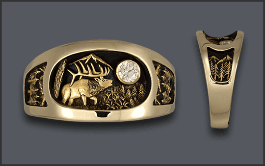 Men's 14 k Elk Ring with larger diamond moon and trees on sides