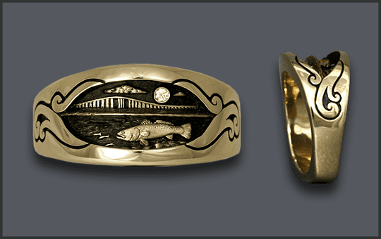 Men's 14 k Speckled Trout Ring with Diamond moon