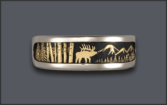 Men's Silver Elk Scene Wedding Ring with Gold plated Scene Hybrid Band