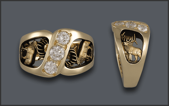 Women's 3 Diamond Bull Elk Ring in 14k Gold