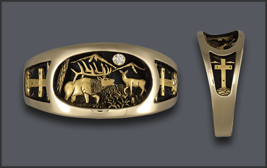 Mens Elk Ring with Diamond Moon and Cross on Sides