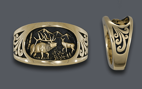 Men's 14 k Elk Ring No Diamond Moon With Cow Elk and Scroll Sides