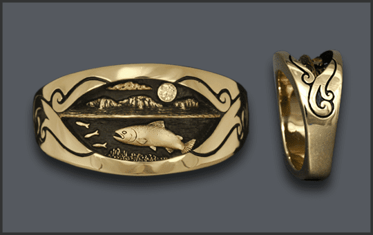 Men's 14 k Chinook Salmon Ring with Diamond Moon