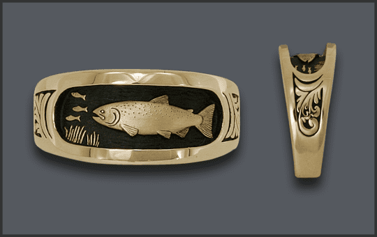 Men's Chinook Salmon Wedding Ring Hybrid Band with scroll sides