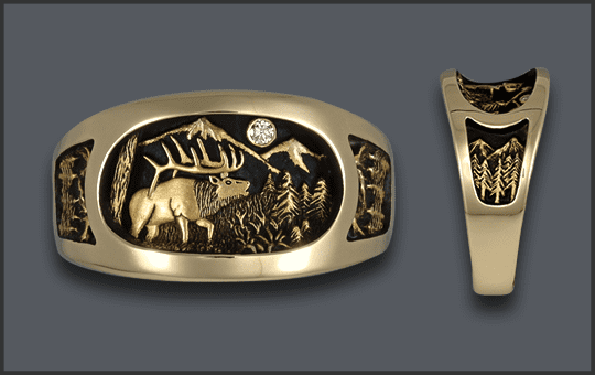 Men's 14 k Elk Ring with Diamond Moon, No Cow elk with trees on sides