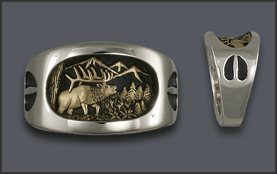 Elk Ring with tracks in silver and 14k gold