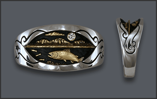 Men's Silver Chinook Ring with Diamond moon and gold plated scene