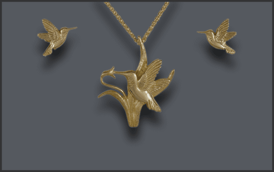 Women's 14k Hummingbird Pendant and Earring Set