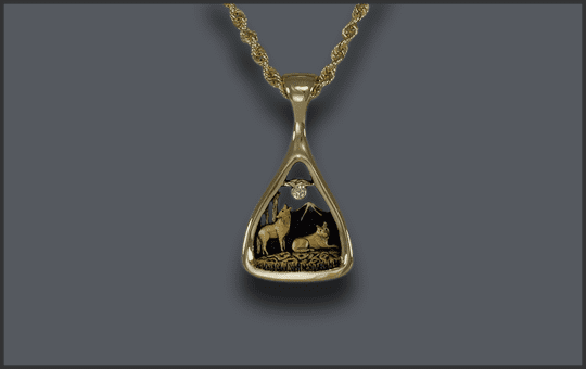 Women's 14k Wolf Pendant With Diamond Moon