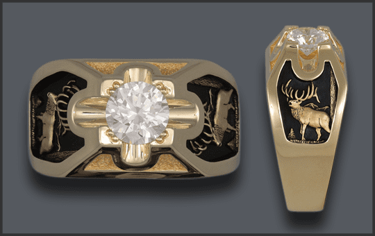 Men's 14k 2ct diamond bull elk ring