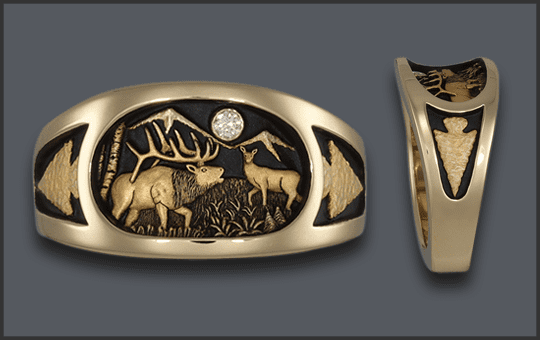 Men's Elk Ring With Diamond Moon and Knapped Arrowhead on the sides