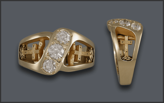 Women's 3 Diamond Rugged Cross ring no black rim